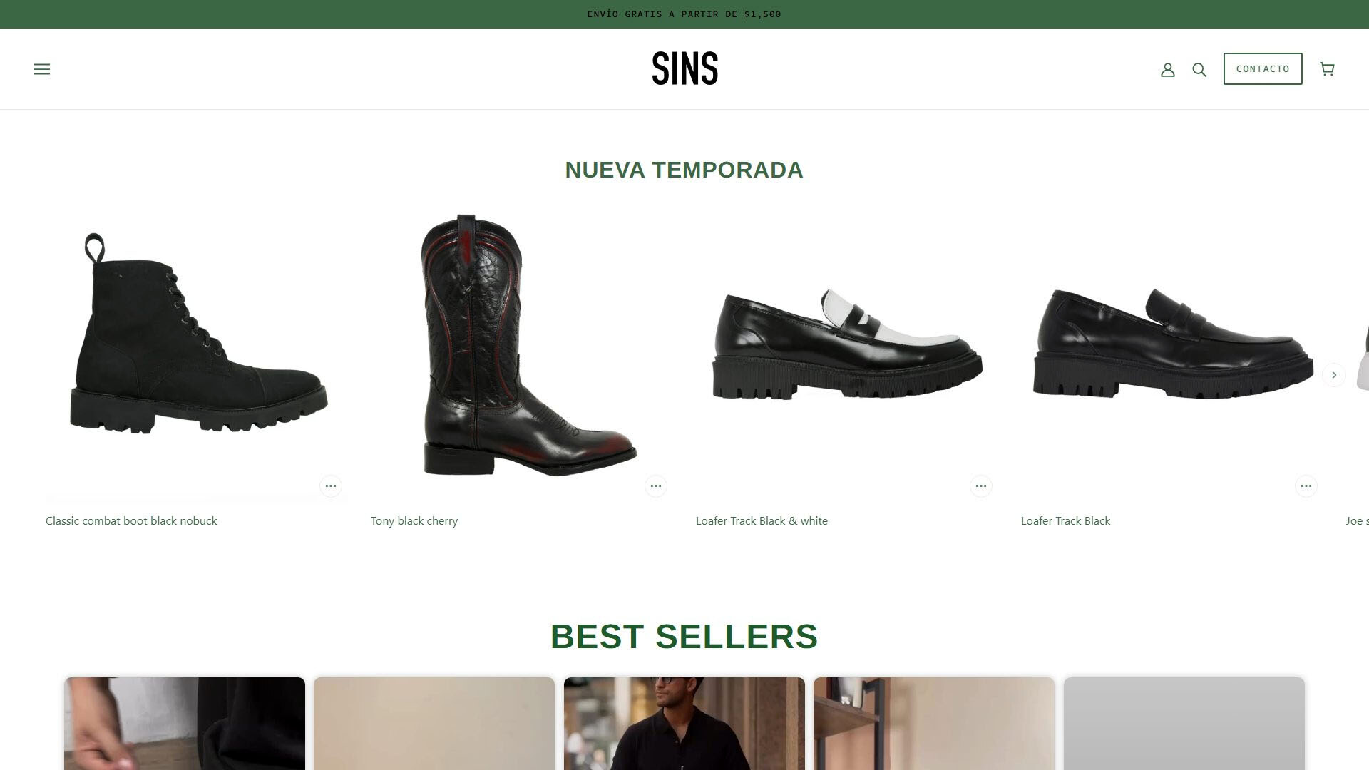 Captura del sitio web de SINS MEXICO CITY con oferta de calzado masculino de piel.