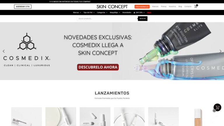 Captura del sitio web de Skin Concept con productos de cuidado de la piel y maquillaje.