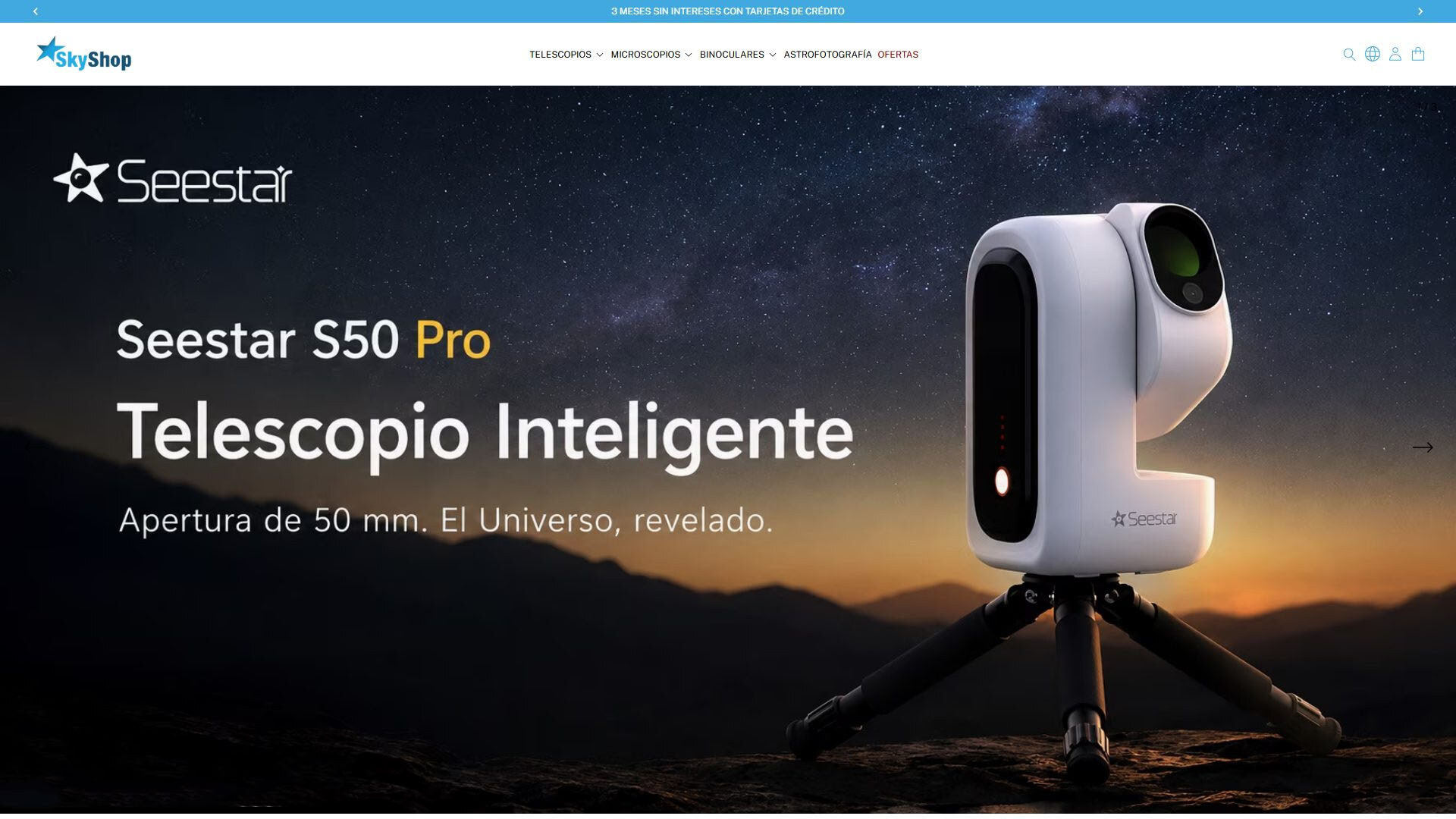 Captura de la página principal de Skyshop con equipos ópticos y científicos