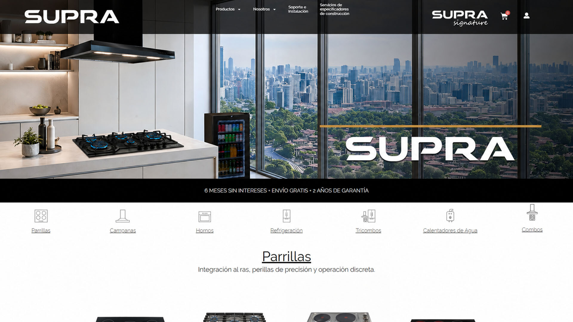 Captura del sitio oficial de SUPRA con parrillas, campanas y electrodomésticos para cocina y hogar