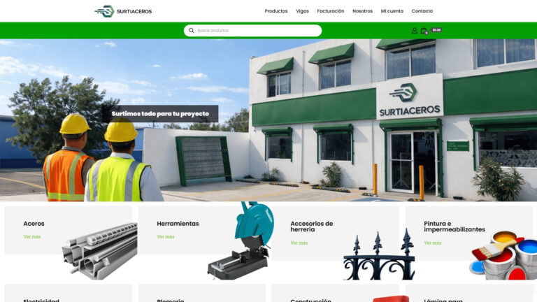 Captura de la página principal de Surtiaceros con categorías de acero, herramientas y materiales para construcción.