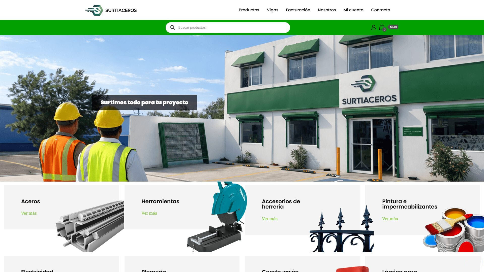 Captura de la página principal de Surtiaceros con categorías de acero, herramientas y materiales para construcción.