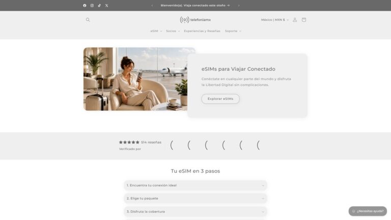 Captura del sitio de TelefoníaMX con oferta de eSIM digitales para conectividad móvil