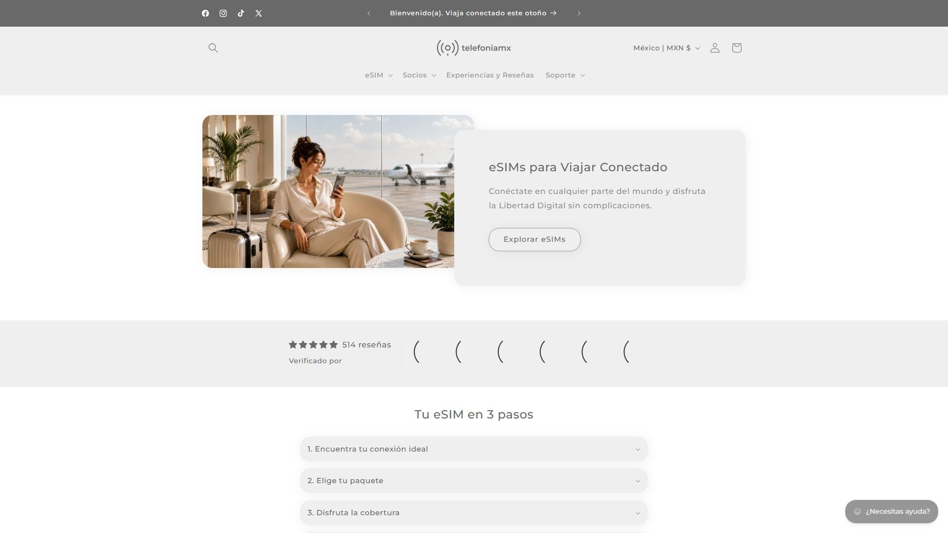 Captura del sitio de TelefoníaMX con oferta de eSIM digitales para conectividad móvil