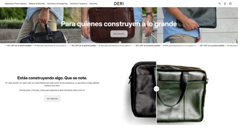 Página de inicio de DERI con accesorios de piel genuina, maletines, mochilas, neceseres, carteras y tarjeteros.