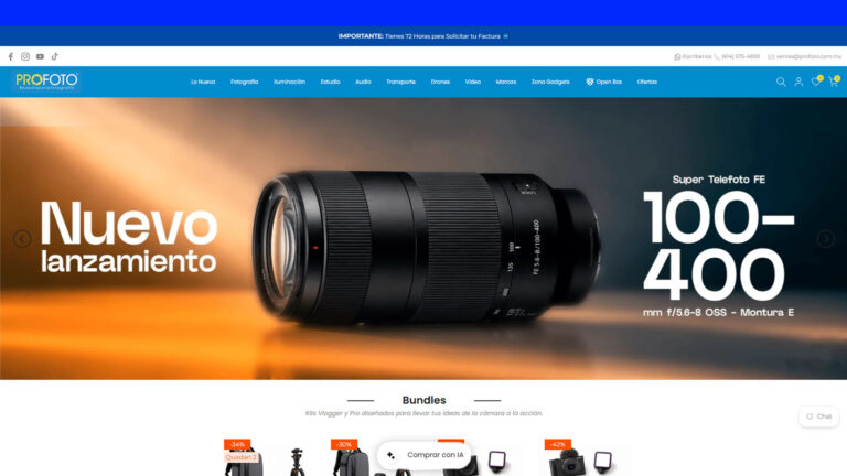 Página principal de PROFOTO con equipos para fotografía, video, iluminación y audio