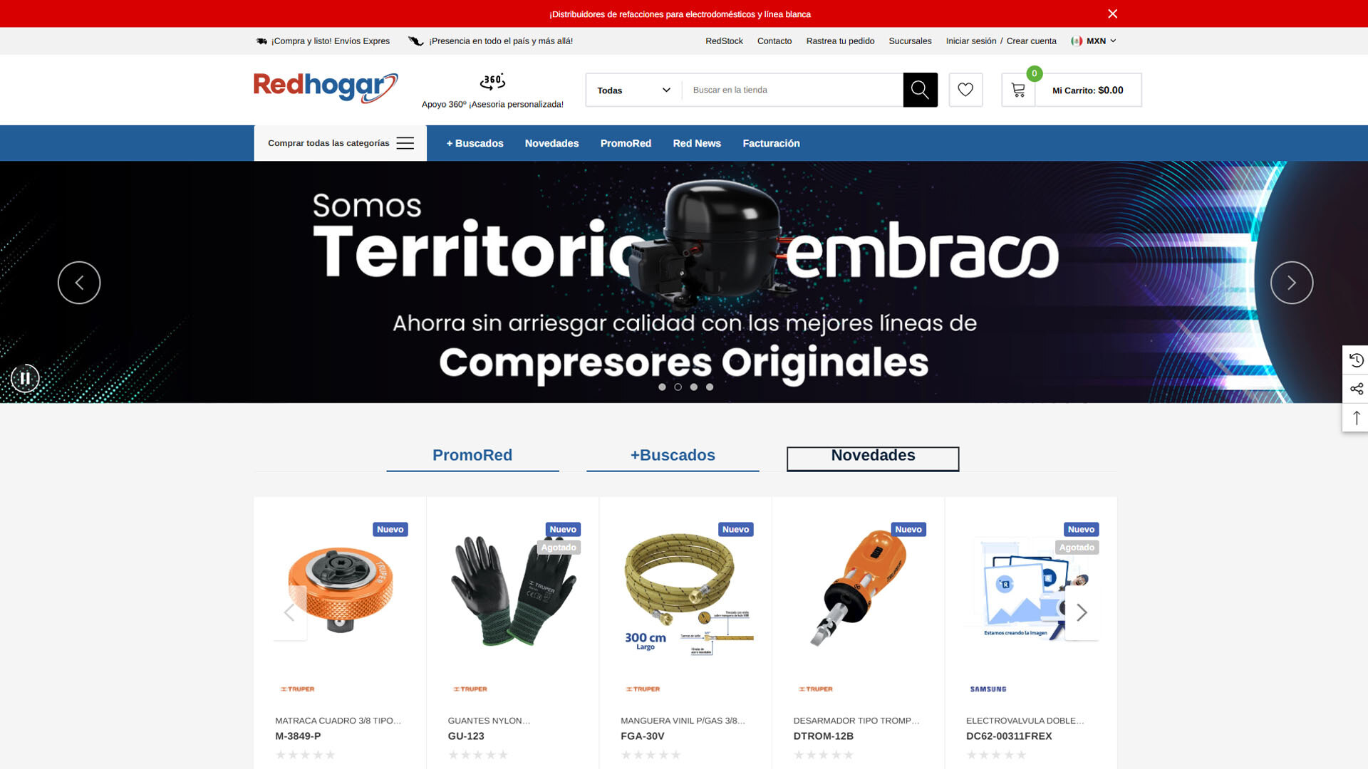 Captura del sitio web de Redhogar con refacciones para electrodomésticos y línea blanca