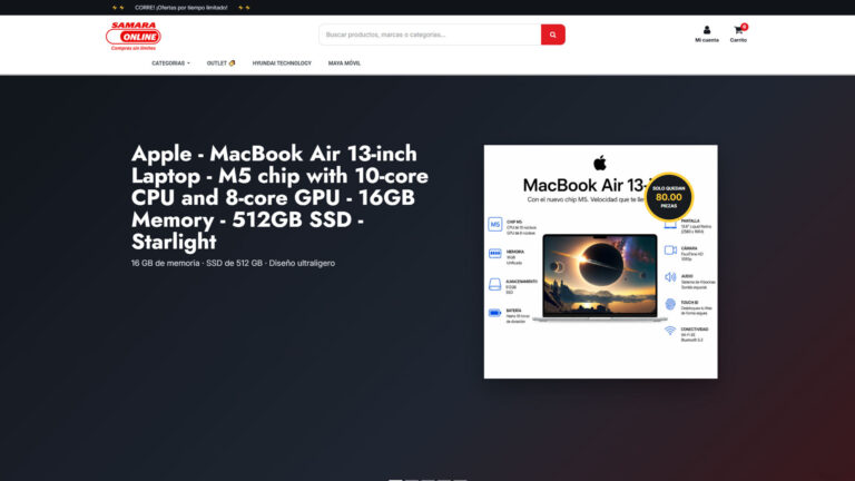 Captura de la página principal de Samara Online con productos tecnológicos destacados