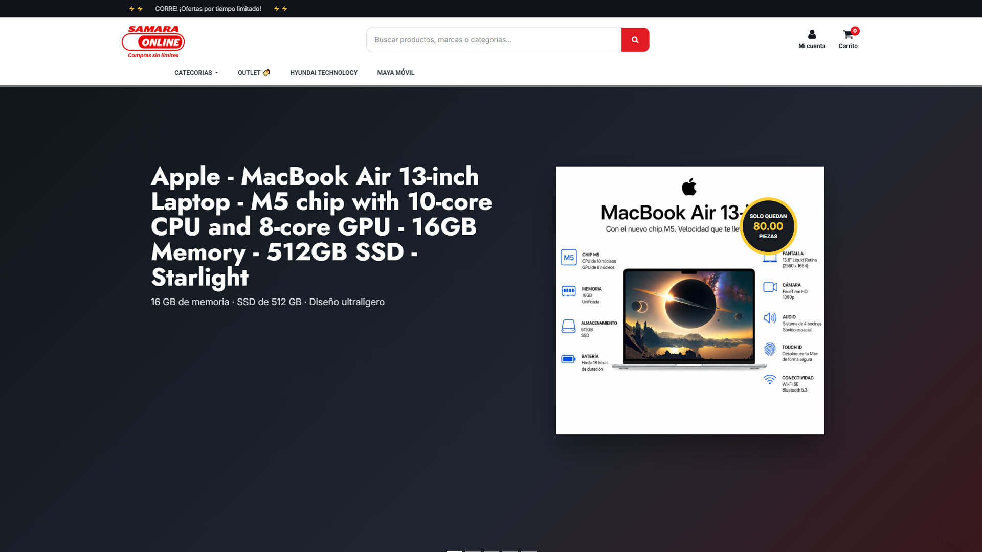 Captura de la página principal de Samara Online con productos tecnológicos destacados