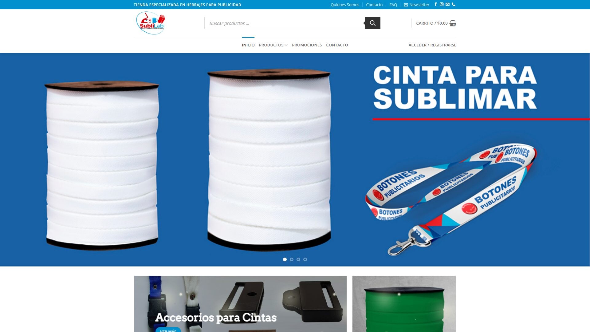 Página principal de Sublilab con herrajes para publicidad e insumos para sublimación.