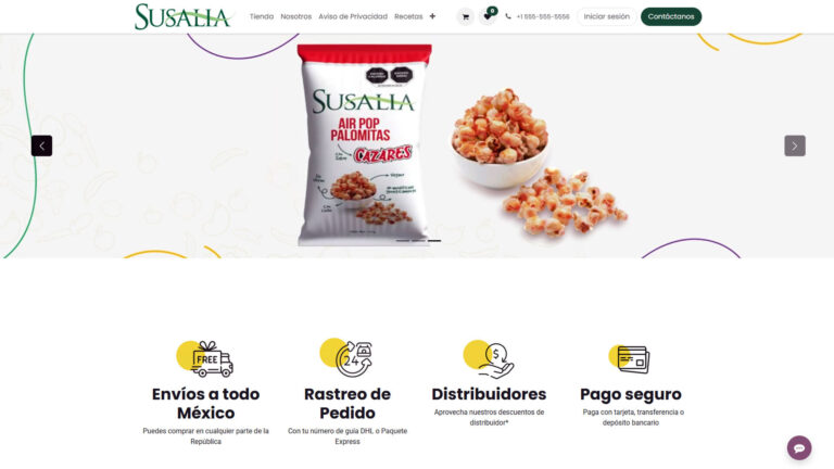 Productos alimentarios de Susalia, con botanas, alimentos horneados y salsas