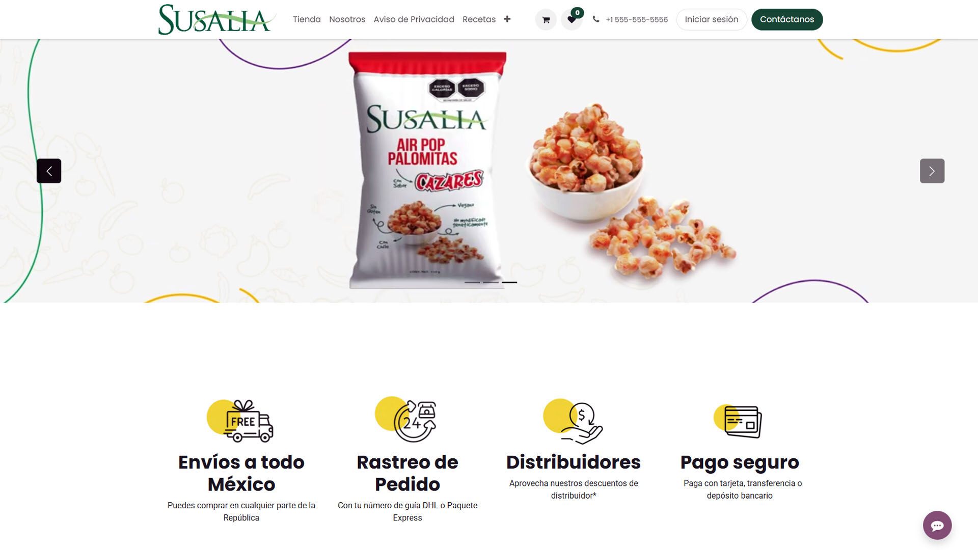 Productos alimentarios de Susalia, con botanas, alimentos horneados y salsas