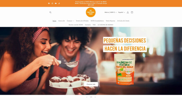 Captura de la página principal de The Functional Foods con presentación de superfoods y productos de sus marcas.