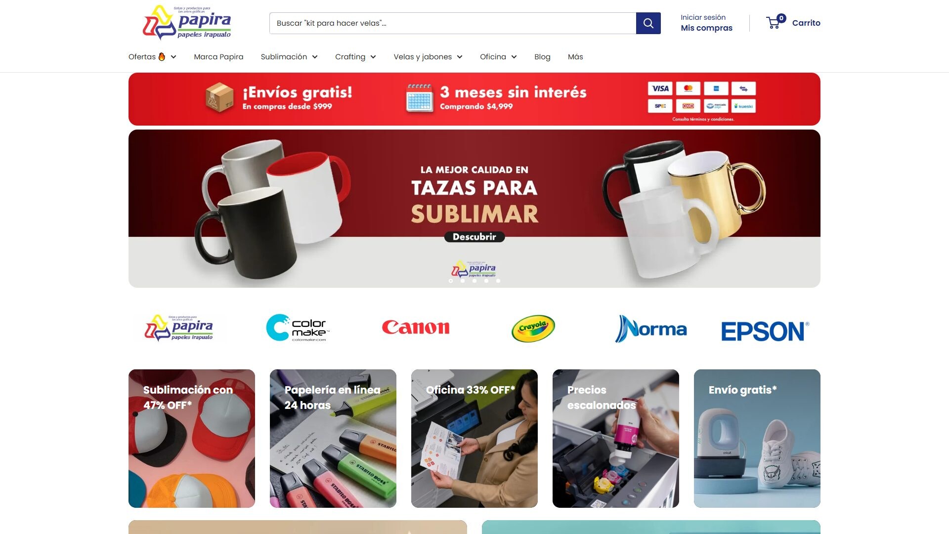 Papira, papelería y artículos de oficina, materiales para sublimación e insumos para velas y jabones.